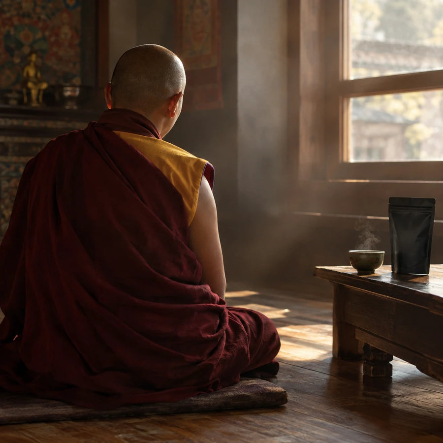 Illustration of Monk Dorje meditating beside a cup of green tea and a ZENND pouch